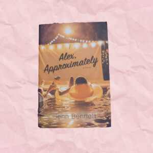 A book cover with people in a pool with a white screen in front of them with the title and tons of fairly lights lighting up the screen