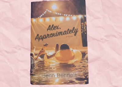 A book cover with people in a pool with a white screen in front of them with the title and tons of fairly lights lighting up the screen