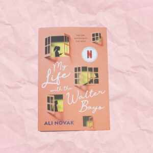 A peach book cover with five windows and a girl in one window and two boys in another