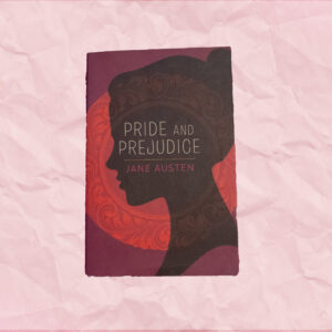 Maroon book cover with a silhouette of a woman's head. Pink background.